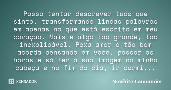 Posso tentar descrever tudo que sinto, transformando lindas palavras em apenas no que está escrito em meu coração. Mais é algo tão grande, tão inexplicável. Pox... Frase de Newhite Lamounier.