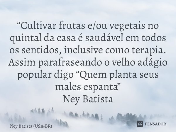 ⁠“Cultivar frutas e/ou vegetais no quintal da casa é saudável em todos os sentidos, inclusive como terapia. Assim parafraseando o velho adágio popular digo “Que... Frase de Ney Batista (USA-BR).