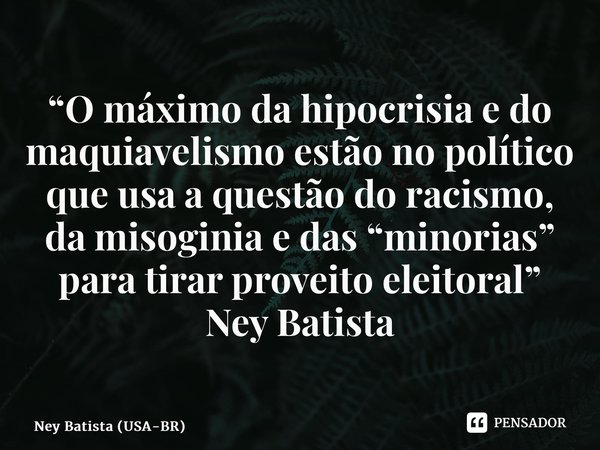 ⁠“O máximo da hipocrisia e do maquiavelismo estão no político que usa a questão do racismo, da misoginia e das “minorias” para tirar proveito eleitoral”... Frase de Ney Batista (USA-BR).