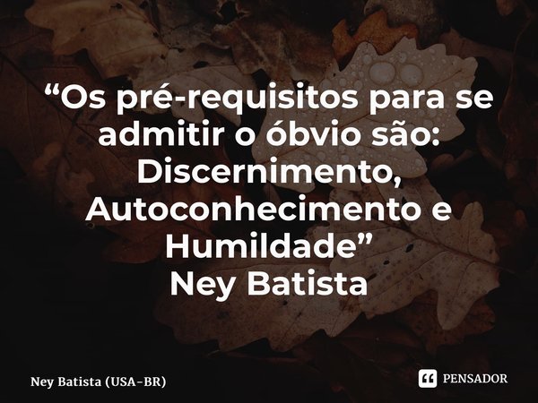 ⁠“Os pré-requisitos para se admitir o óbvio são: Discernimento, Autoconhecimento e Humildade” Ney Batista... Frase de Ney Batista (USA-BR).