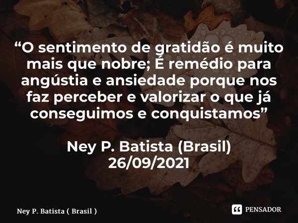 ⁠“O sentimento de gratidão é muito mais que nobre; É remédio para angústia e ansiedade porque nos faz perceber e valorizar o que já conseguimos e conquistamos” ... Frase de Ney P. Batista ( Brasil ).