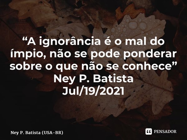 ⁠“A ignorância é o mal do ímpio, não se pode ponderar sobre o que não se conhece” Ney P. Batista Jul/19/2021... Frase de Ney P. Batista (USA-BR).