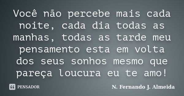 Você não percebe mais cada noite, cada dia todas as manhas, todas as tarde meu pensamento esta em volta dos seus sonhos mesmo que pareça loucura eu te amo!... Frase de N. Fernando J. Almeida.