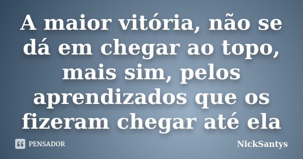 A maior vitória, não se dá em chegar ao topo, mais sim, pelos aprendizados que os fizeram chegar até ela... Frase de NickSantys.