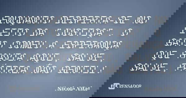 ENQUANTO DESPERTA-SE NO LEITO DA "JUSTIÇA". O GATO COMEU A ESPERANÇA QUE HAVIA AQUI, SALVE, SALVE, PÁTRIA NÃO GENTIL!... Frase de Nicola Vital.