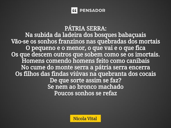 PÁTRIA SERRA: Na subida da ladeira dos bosques babaçuais Vão-se os sonhos franzinos nas quebradas dos mortais O pequeno e o menor, o que vai e o que fica Os q... Frase de Nicola Vital.