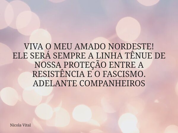 VIVA O MEU AMADO NORDESTE! ELE SERÁ SEMPRE A LINHA TÊNUE DE NOSSA PROTEÇÃO ENTRE A RESISTÊNCIA E O FASCISMO. ADELANTE COMPANHEIROS... Frase de Nicola Vital.