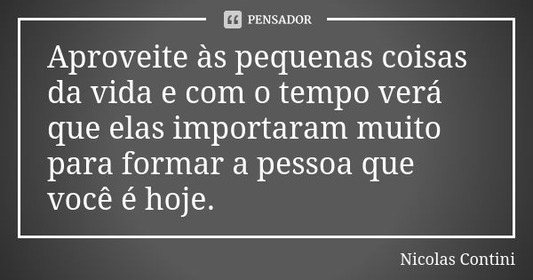 Aproveite às pequenas coisas da vida e com o tempo verá que elas importaram muito para formar a pessoa que você é hoje.... Frase de Nicolas Contini.