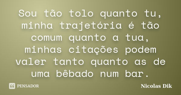 Sou tão tolo quanto tu, minha trajetória é tão comum quanto a tua, minhas citações podem valer tanto quanto as de uma bêbado num bar.... Frase de Nicolas Dik.