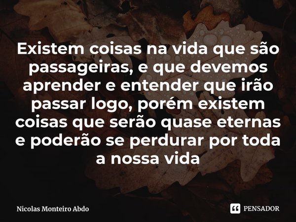 ⁠Existem coisas na vida que são passageiras, e que devemos aprender e entender que irão passar logo, porém existem coisas que serão quase eternas e poderão se p... Frase de Nicolas Monteiro Abdo.