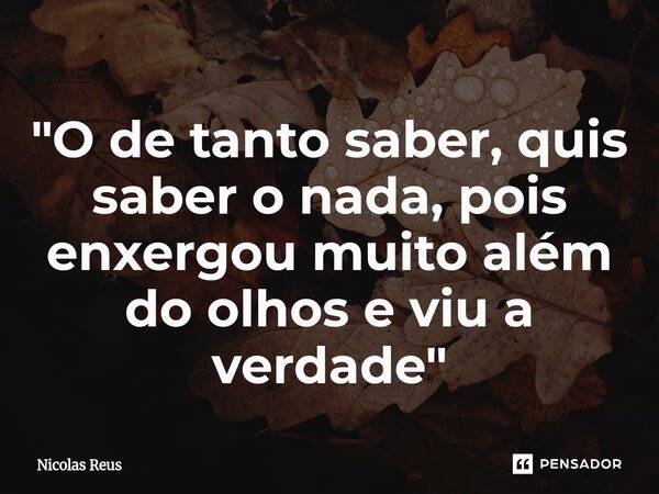 ⁠"O de tanto saber, quis saber o nada, pois enxergou muito além do olhos e viu a verdade "... Frase de Nicolas Reus.