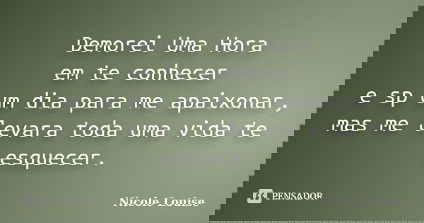 Demorei Uma Hora em te conhecer e sp um dia para me apaixonar, mas me levara toda uma vida te esquecer.... Frase de Nicole Louise.