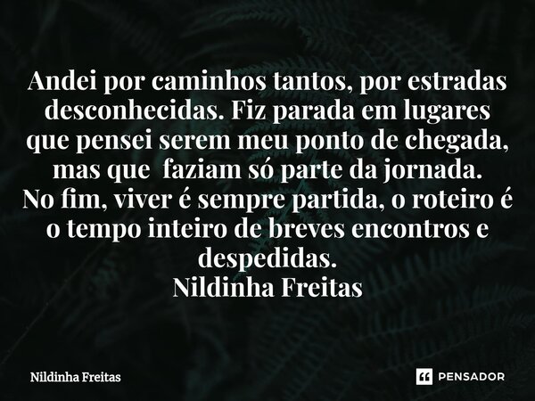 Andei por caminhos tantos, por estradas desconhecidas. Fiz parada em lugares que pensei serem meu ponto de chegada, mas que faziam só parte da jornada. No fim,... Frase de Nildinha Freitas.