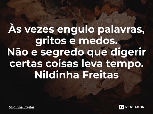 ⁠Às vezes engulo palavras, gritos e medos. Não e segredo que digerir certas coisas leva tempo. Nildinha Freitas... Frase de Nildinha Freitas.