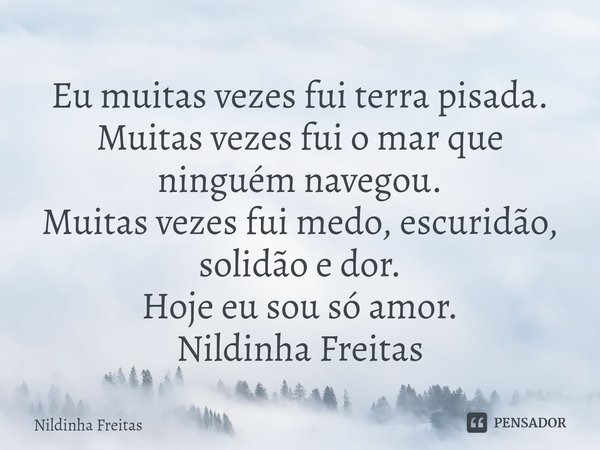 ⁠Eu muitas vezes fui terra pisada. Muitas vezes fui o mar que ninguém navegou.
Muitas vezes fui medo, escuridão, solidão e dor.
Hoje eu sou só amor.
Nildinha Fr... Frase de Nildinha Freitas.