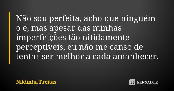 Não sou perfeita, acho que ninguém o é, mas apesar das minhas imperfeições tão nitidamente perceptíveis, eu não me canso de tentar ser melhor a cada amanhecer.... Frase de Nildinha Freitas.