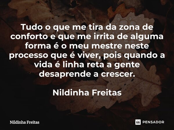 ⁠Tudo o que me tira da zona de conforto e que me irrita de alguma forma é o meu mestre neste processo que é viver, pois quando a vida é linha reta a gente desap... Frase de Nildinha Freitas.