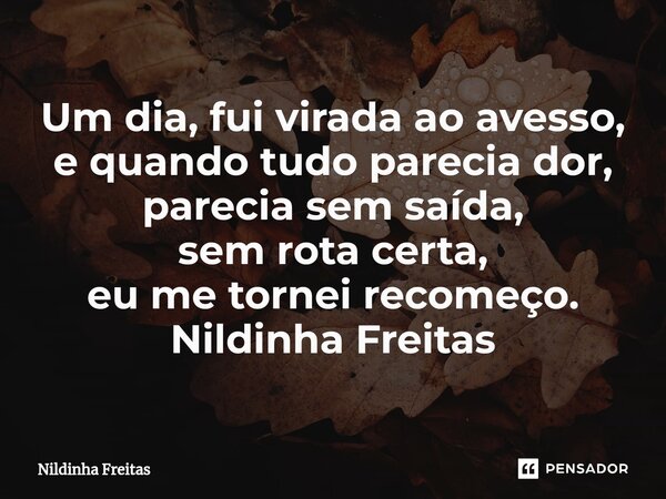 ⁠Um dia, fui virada ao avesso, e quando tudo parecia dor, parecia sem saída, sem rota certa, eu me tornei recomeço. Nildinha Freitas... Frase de Nildinha Freitas.