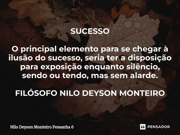 ⁠SUCESSO O principal elemento para se chegar à ilusão do sucesso, seria ter a disposição para exposição enquanto silêncio, sendo ou tendo, mas sem alarde. FILÓS... Frase de Nilo Deyson Monteiro Pessanha 6.