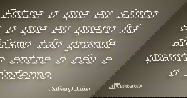 Entre o que eu sinto e o que eu quero há abismo tão grande quanto entre o céu e o inferno.... Frase de Nilson J. Lima.