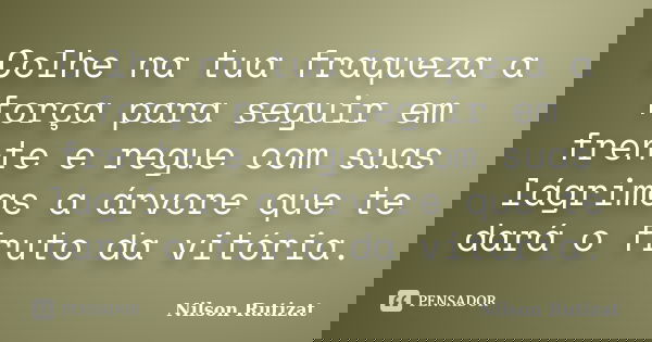 Colhe na tua fraqueza a força para seguir em frente e regue com suas lágrimas a árvore que te dará o fruto da vitória.... Frase de Nilson Rutizat.