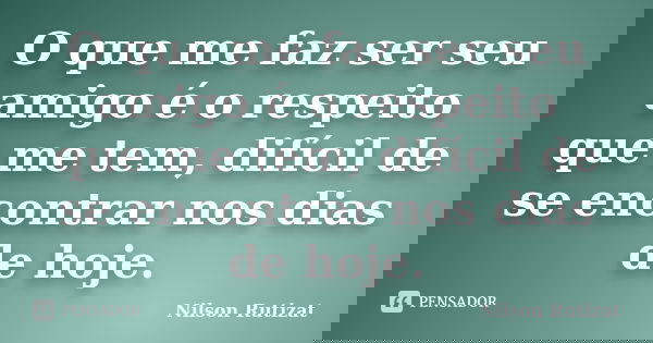 O que me faz ser seu amigo é o respeito que me tem, difícil de se encontrar nos dias de hoje.... Frase de Nilson Rutizat.