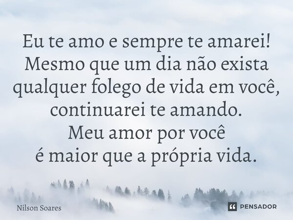⁠Eu te amo e sempre te amarei! Mesmo que um dia não exista qualquer folego de vida em você, continuarei te amando. Meu amor por você é maior que a própria vida.... Frase de Nilson Soares.