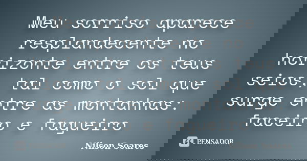 Meu sorriso aparece resplandecente no horizonte entre os teus seios, tal como o sol que surge entre as montanhas: faceiro e fagueiro... Frase de Nilson Soares.