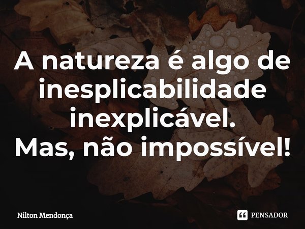 ⁠A natureza é algo de inesplicabilidade inexplicável.
Mas, não impossível!... Frase de Nilton Mendonça.