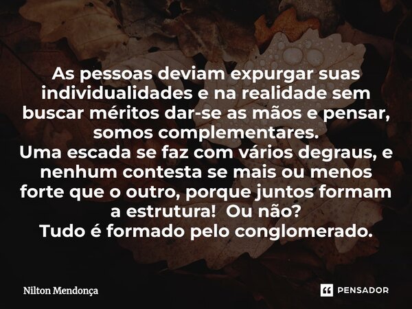 ⁠As pessoas deviam expurgar suas individualidades e na realidade sem buscar méritos dar-se as mãos e pensar, somos complementares. Uma escada se faz com vários ... Frase de Nilton Mendonça.