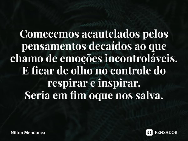 ⁠Comecemos acautelados pelos pensamentos decaídos ao que chamo de emoções incontroláveis.
E ficar de olho no controle do respirare inspirar.
Seria em fim oque n... Frase de Nilton Mendonça.