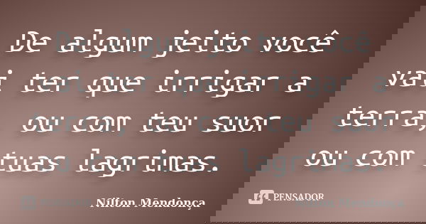 De algum jeito você vai ter que irrigar a terra, ou com teu suor ou com tuas lagrimas.... Frase de Nilton Mendonça.