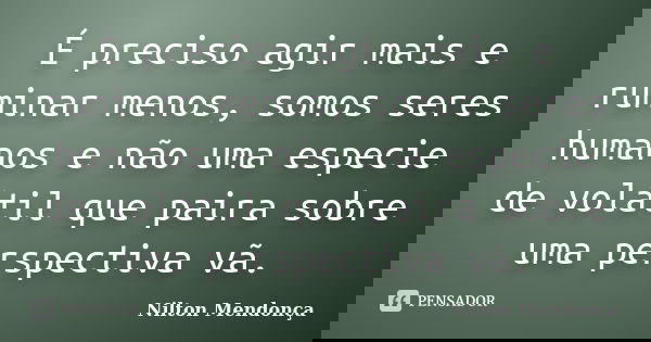 É preciso agir mais e ruminar menos, somos seres humanos e não uma especie de volátil que paira sobre uma perspectiva vã.... Frase de Nilton Mendonça.