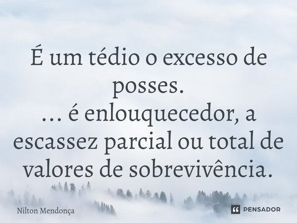 ⁠É um tédio o excesso de posses. ... é enlouquecedor, a escassez parcial ou total de valores de sobrevivência.... Frase de Nilton Mendonça.