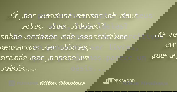És por ventura mentor de teus atos, tuas ideias? Na verdade estamos tão coercitivos em pensarmos ser livres, que a prisão nos parece um oásis...... Frase de Nilton Mendonça.