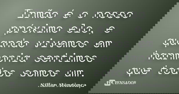 Irmão é o nosso próximo elo, e quando vivemos em harmonia sentimos que todos somos um.... Frase de Nilton Mendonça.