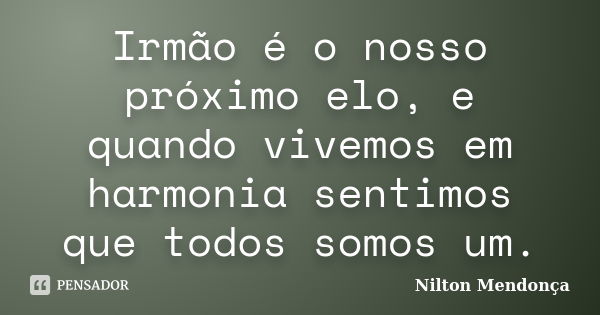 Irmão é o nosso próximo elo, e quando vivemos em harmonia sentimos que todos somos um.... Frase de Nilton Mendonça.