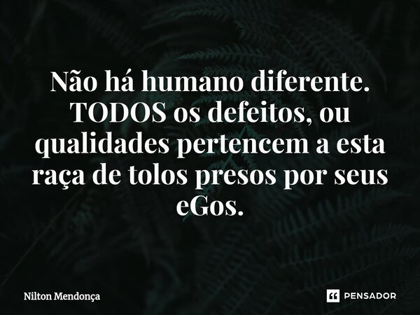 ⁠Não há humano diferente. TODOS os defeitos, ou qualidades pertencem a esta raça de tolos presos por seus eGos.... Frase de Nilton Mendonça.