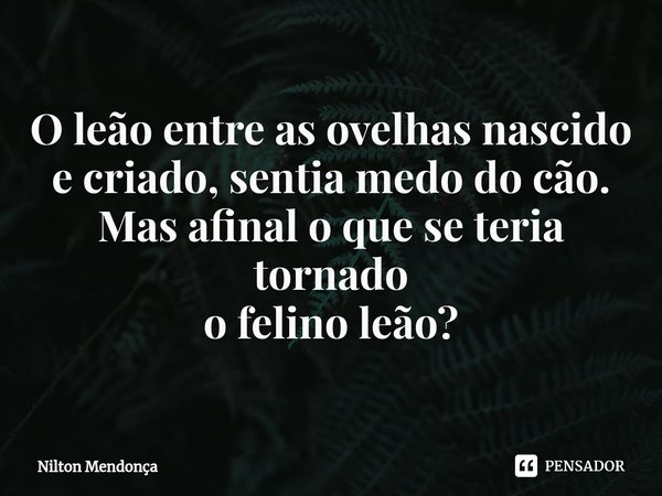 ⁠O leão entre as ovelhas nascido e criado, sentia medo do cão.
Mas afinal o que se teria tornado
o felino leão?... Frase de Nilton Mendonça.