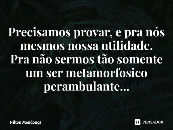 ⁠Precisamos provar, e pra nós mesmos nossa utilidade. Pra não sermos tão somente um ser metamorfosico perambulante...... Frase de Nilton Mendonça.
