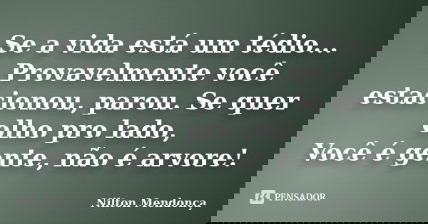 Se a vida está um tédio... Provavelmente você estacionou, parou. Se quer olho pro lado, Você é gente, não é arvore!... Frase de Nilton Mendonça.