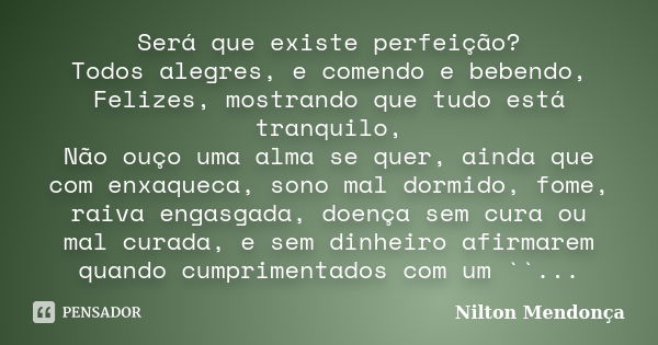 Será que existe perfeição? Todos alegres, e comendo e bebendo, Felizes, mostrando que tudo está tranquilo, Não ouço uma alma se quer, ainda que com enxaqueca, s... Frase de Nilton Mendonça.