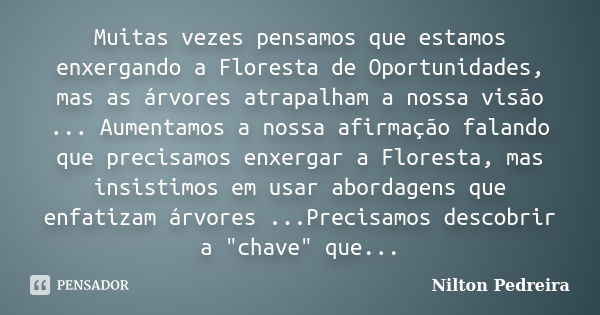 Muitas vezes pensamos que estamos enxergando a Floresta de Oportunidades, mas as árvores atrapalham a nossa visão ... Aumentamos a nossa afirmação falando que p... Frase de Nilton Pedreira.