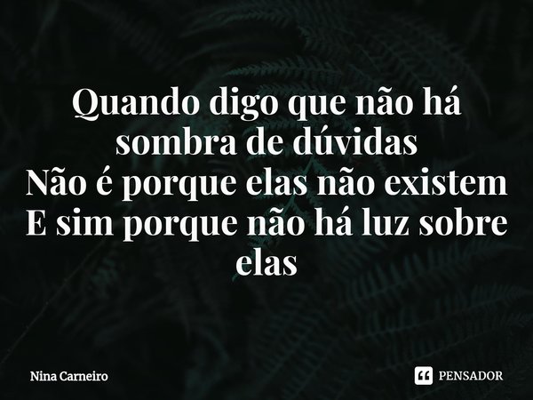 ⁠Quando digo que não há sombra de dúvidas
Não é porque elas não existem
E sim porque não há luz sobre elas... Frase de Nina Carneiro.