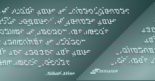 A vida que é inteligente. Ela segue! A gente que costuma a parar no meio do caminho e ficar juntando os cacos do que já não tem mais jeito.... Frase de Ninah Alves.