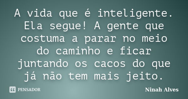 A vida que é inteligente. Ela segue! A gente que costuma a parar no meio do caminho e ficar juntando os cacos do que já não tem mais jeito.... Frase de Ninah Alves.