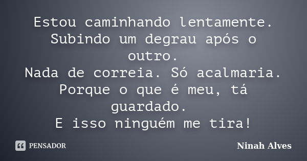 Estou caminhando lentamente. Subindo um degrau após o outro. Nada de correia. Só acalmaria. Porque o que é meu, tá guardado. E isso ninguém me tira!... Frase de Ninah Alves.