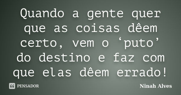 Quando a gente quer que as coisas dêem certo, vem o ‘puto’ do destino e faz com que elas dêem errado!... Frase de Ninah Alves.