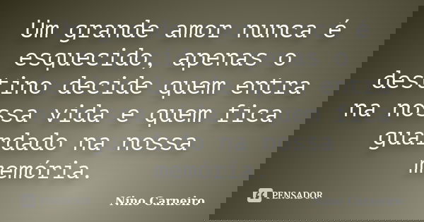 Um grande amor nunca é esquecido, apenas o destino decide quem entra na nossa vida e quem fica guardado na nossa memória.... Frase de Nino Carneiro.