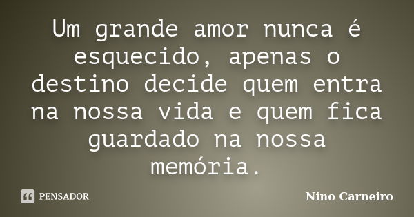 Um grande amor nunca é esquecido, apenas o destino decide quem entra na nossa vida e quem fica guardado na nossa memória.... Frase de Nino Carneiro.